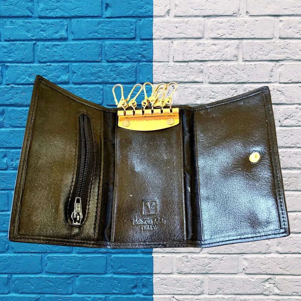 Valentino Rudy Italy Black Leather KEY COIN CARD Wallet Mens Tri-Fold